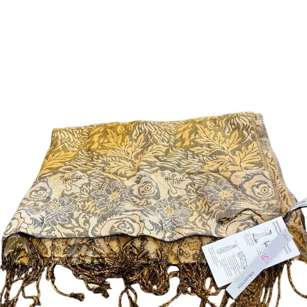 Elegant Floral Gold and Gray Scarf NWT